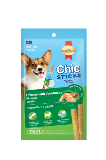 Smartheart Chic Sticks Chicken With Vegetables Flavor - ขนมสุนัข สติ๊กไก่ผสมผัก 15g (4ชิ้น) (10357)