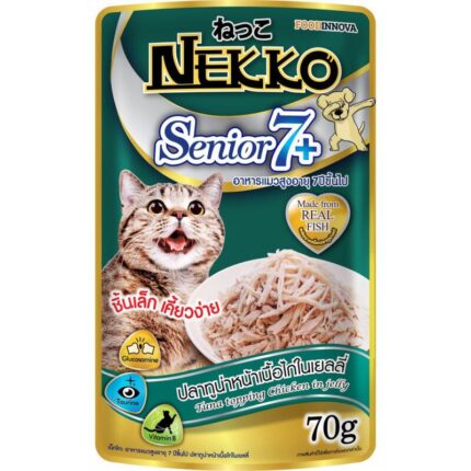 Nekko Senior7+ - อาหารแมวสูงวัยรสปลาทูน่าหน้าเนื้อไก่ในเยลลี่ 70g (11590)