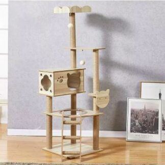 Cat Tree Condo House Style 2 - คอนโดแมวแบบไม้สไตล์มินิมอลพร้อมหลุมอะคลิลิค (50x50x165cm) (172358)