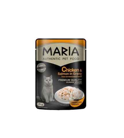 MARIA Authentic Cat Food Chicken & Salmon In Gravy - อาหารแมวเปียก รสไก่หน้าปลาแซลมอนในน้ำเกรวี่ 70g (320630)