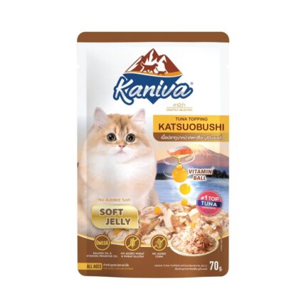 Kaniva Tuna Topping Katsuobushi in Jelly 70 g. - อาหารเปียกสำหรับลูกแมว4เดือนขึ้นไป สูตรเนื้อปลาทูน่าหน้าคัตสึโอะบุชิในเจลลี่ 70กรัม (409906)