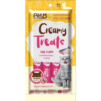 Pet8 Creamy Treats Taurine Tuna Flavor – ขนมครีมแมวเลีย ช่วยบำรุงสายตา รสทูน่า (15g/4ซอง) (432046)