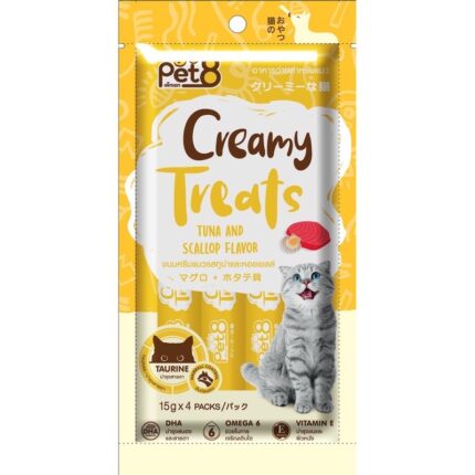 Pet8 Creamy Treats Taurine Tuna and Scallop Flavor – ขนมครีมแมวเลีย ช่วยบำรุงสายตา รสทูน่าและหอยเชลล์ (15g/4ซอง) (432049)