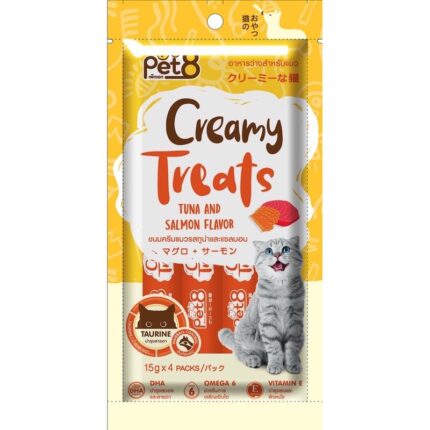 Pet8 Creamy Treats Taurine Tuna and Salmon Flavor– ขนมครีมแมวเลีย ช่วยบำรุงสายตา รสทูน่าและแซลมอน (15g/4ซอง) (432056)