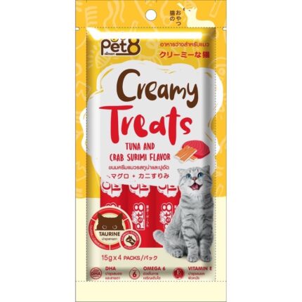Pet8 Creamy Treats Taurine Tuna and Crab Surimi Flavor – ขนมครีมแมวเลีย ช่วยบำรุงสายตา รสทูน่าและปูอัด (15g/4ซอง) (432041)