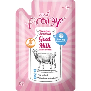 Pramy Sterilized Goat Milk With Colostrum - นมแพะ สูตรเสริมน้ำนมเหลืองและทอรีน 60g (479291)